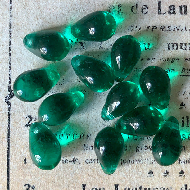 Vintage Czech Glass Emerald Green Bead 9x6mm VP-8208