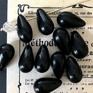 Vintage West German Glass Jet Black Bead Drop 15x8mm VP-4639