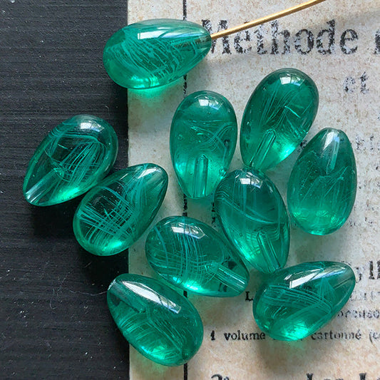 Vintage Japan Glass Emerald GreenBead Half Drilled 12x8mm VP-8122